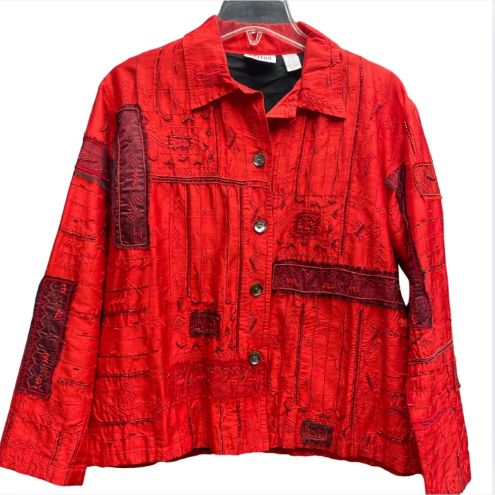 Chico’s Red Black Silk Beaded Patchwork Jacket Sz… - image 1